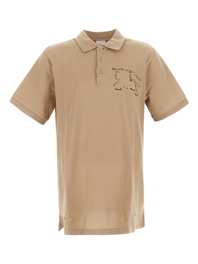 Shop Burberry Cut Out Checked Logo Polo Shirt In Beige