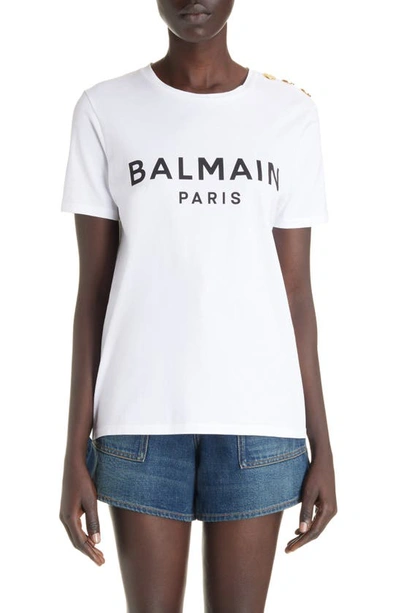 Shop Balmain Button Shoulder Cotton Logo Graphic T-shirt In Gab White/ Black