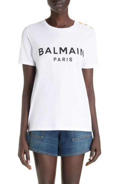 Balmain White Crewneck T-shirt With Logo Print And Golden Buttons In Jersey Woman In Gab White/ Black