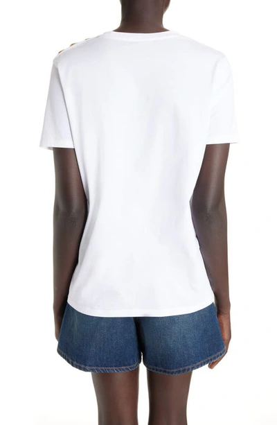 Balmain White Crewneck T-shirt With Logo Print And Golden Buttons In Jersey Woman In Gab White/ Black
