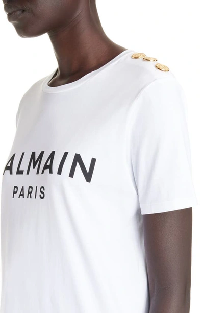 Balmain White Crewneck T-shirt With Logo Print And Golden Buttons In Jersey Woman In Gab White/ Black