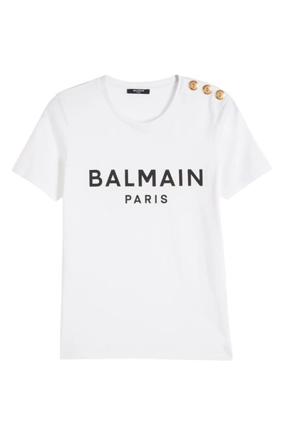 Balmain White Crewneck T-shirt With Logo Print And Golden Buttons In Jersey Woman In Gab White/ Black