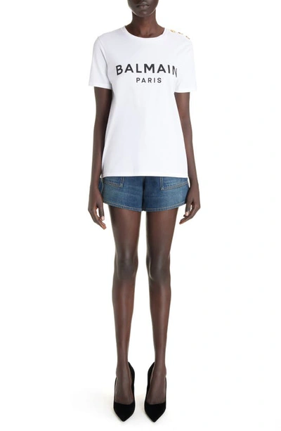 Balmain White Crewneck T-shirt With Logo Print And Golden Buttons In Jersey Woman In Gab White/ Black