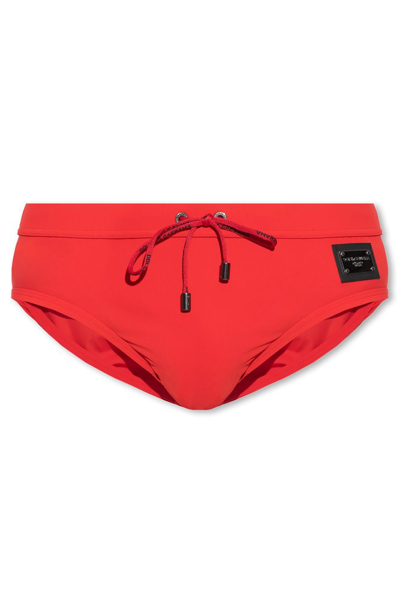 Shop Dolce & Gabbana Logo Patch Drawstring Swim Shorts In Red