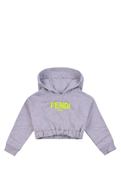 Shop Fendi Kids Logo Printed Cropped Hoodie In Grey