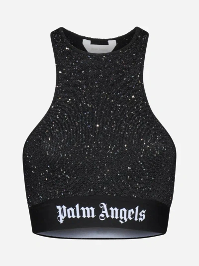 Shop Palm Angels Sequined Knit Bra Top In Black
