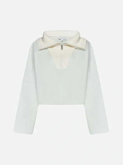 Shop Jw Anderson Wool And Cashmere Cropped Sweater In Mint,off White