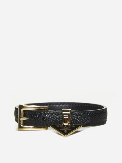Shop Prada Logo-plaque Leather Bracelet In Black