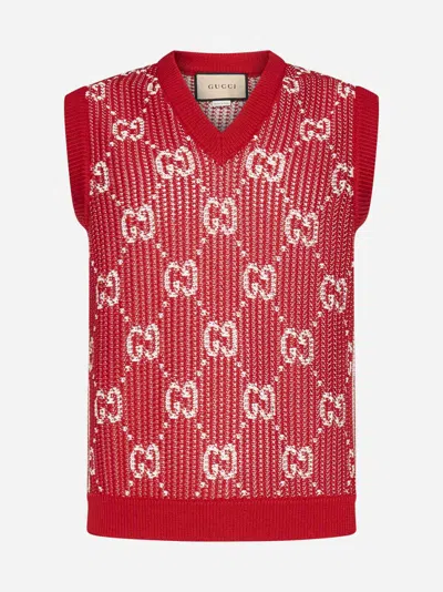 Shop Gucci Gg Motif Cotton Vest In Red,ivory