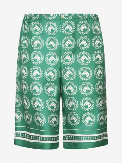 Shop Gucci Horse Gg Chain Silk Shorts In Green,white