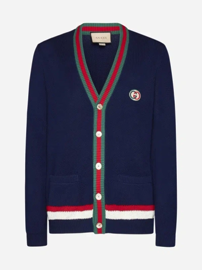 Shop Gucci Web Cotton Cardigan In Navy,multicolor