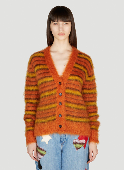 Shop Marni Fuzzy Stripe Cardigan In Orange