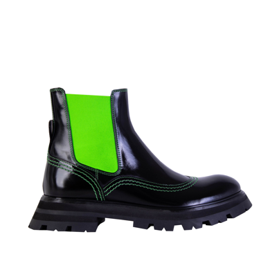 Shop Alexander Mcqueen Leather Fluo Inserts Chelsea Women's Boots In Black