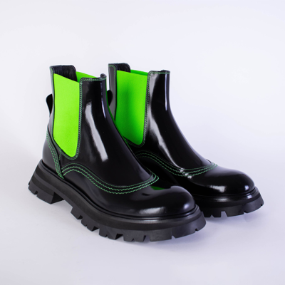 Shop Alexander Mcqueen Leather Fluo Inserts Chelsea Women's Boots In Black