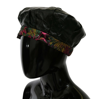Shop Dolce & Gabbana Lamb Leather Floral Print Beret Women's Hat In Black