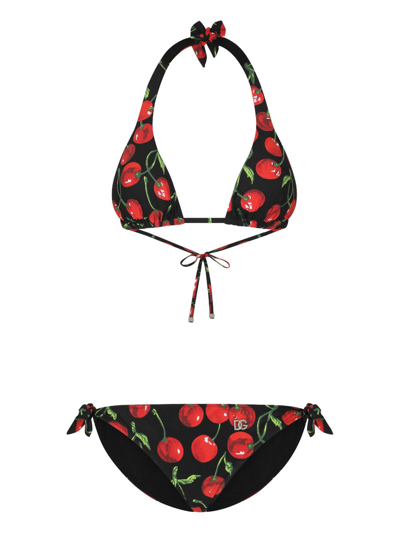 Shop Dolce & Gabbana Cherry-print Triangle-cup Bikini In Black