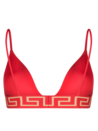 Shop Versace Greca-border Triangle Bikini Top In Red