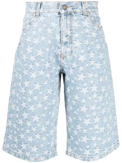 Shop Erl Blue Star Jacquard Denim Shorts