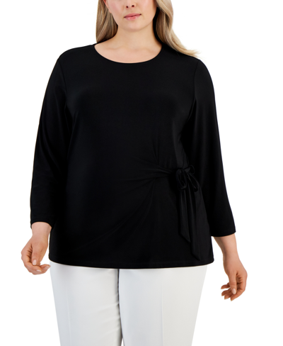 Shop Kasper Plus Size Solid 3/4-sleeve Crewneck Knit Top In Black