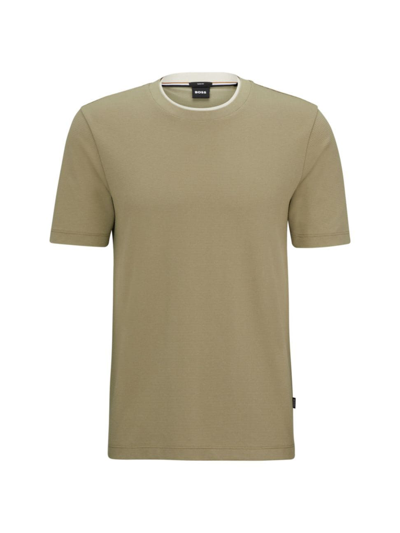 Shop Hugo Boss Men's Slim-fit T-shirt In Structured Cotton With Double Collar In Light Green