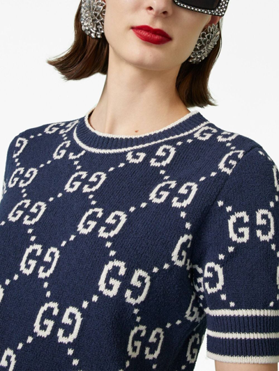 Shop Gucci Double G Logo Jacquard Top In Blue