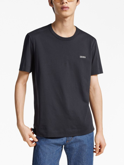 Shop Zegna Logo-embroidered Cotton T-shirt In Blue