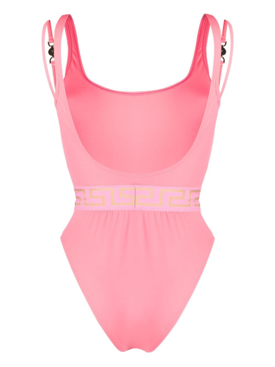 Shop Versace Greca-print Scoop-neck Swimsuit In Pink