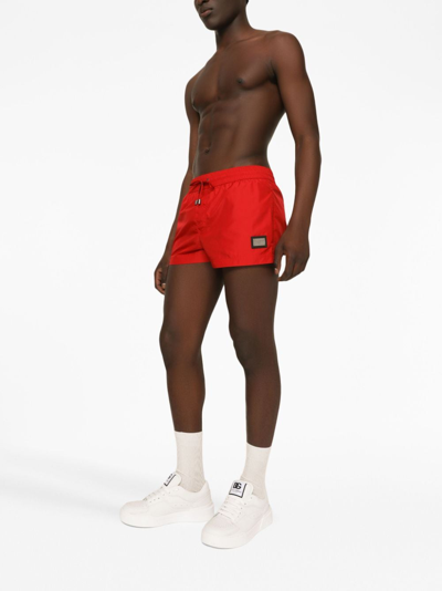 Dolce & Gabbana Logo-plaque Swim Shorts In Red