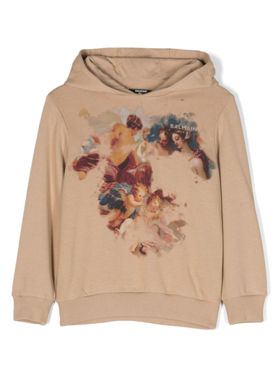 Balmain Graphic-print Drawstring Cotton Hoodie In Neutrals