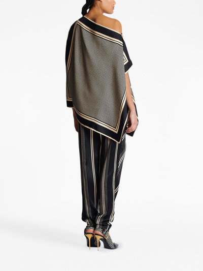 Balmain Multicolor Asymmetric Scarf Top With All-over Monogram Print In Silk Woman In Black