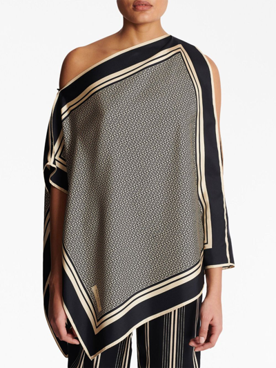 Shop Balmain Asymmetric Monogram Silk Top In Black