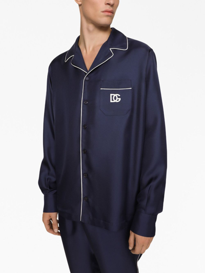 Dolce & Gabbana Camicia In Seta Con Patch Ricamo Logo Dg In Blue
