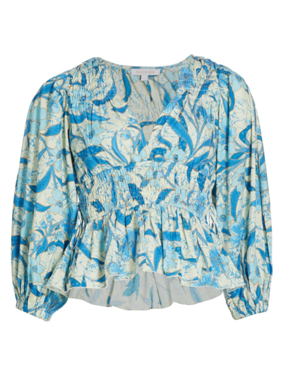 Shop Love The Label Women's Elle Floral Peplum Top In Priya Blue Print