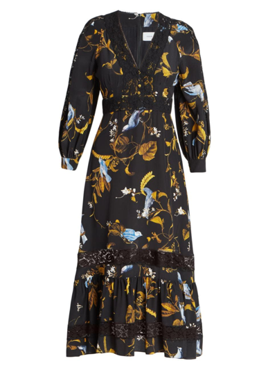 Shop Erdem Women's Printed Silk Midi-dress In Cecilia Birds Black