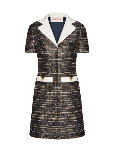 Shop Valentino Women's Tweed Party Dress In Navy Ivory Gold
