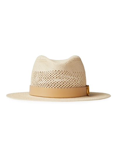 Shop Valentino Women's Textile Paper And Leather Vlogo Signature Fedora Hat In Natural