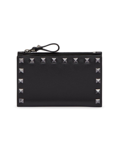 Shop Valentino Women's Rockstud Calfskin Cardholder With Zip In Black