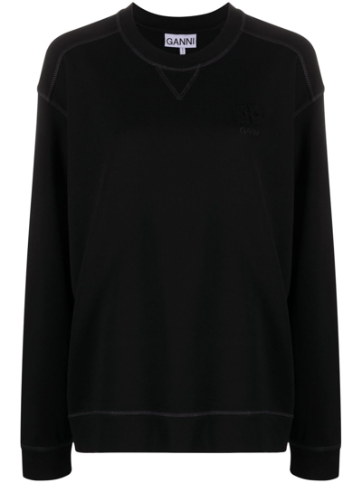 Shop Ganni Organic Cotton Crewneck Sweatshirt In Black