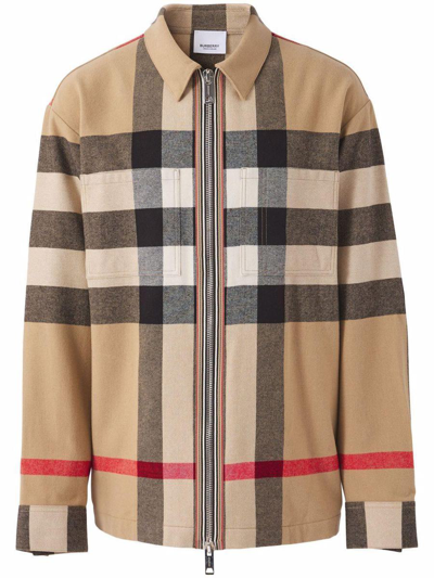 Shop Burberry Check Wool-cotton Zip-front Shirt In Archive Beige Ip Chk