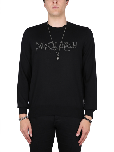 Shop Alexander Mcqueen Jersey With Logo Embroidery In Nero
