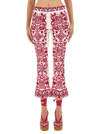Shop Dolce & Gabbana Majolica Print Charmeuse Pants In Fucsia