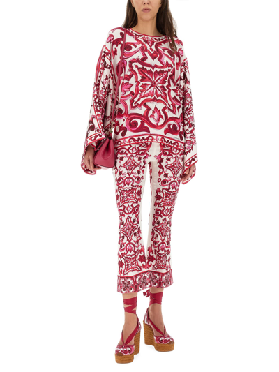 Shop Dolce & Gabbana Majolica Print Charmeuse Pants In Fucsia