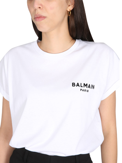 Shop Balmain Flocked Logo T-shirt In Bianco