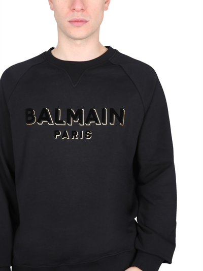 Shop Balmain Flocked And Metallic Logo Sweatshirt In Nero