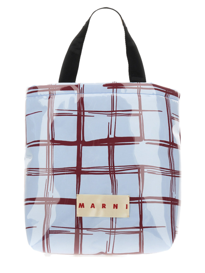 Marni Glossy Coated Canvas Tote Bag With Double Handles And Plaid Pattern In Multi