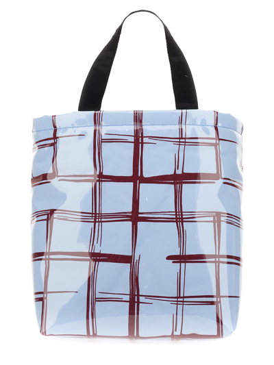 Marni Glossy Coated Canvas Tote Bag With Double Handles And Plaid Pattern In Multi