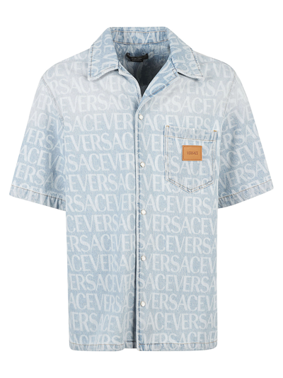 Shop Versace Logo All-over Short-sleeve Shirt In Light Blue