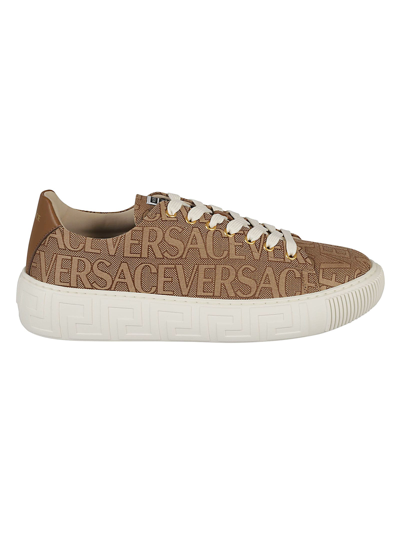 Shop Versace Fabric Low-top Sneakers In Beige/brown