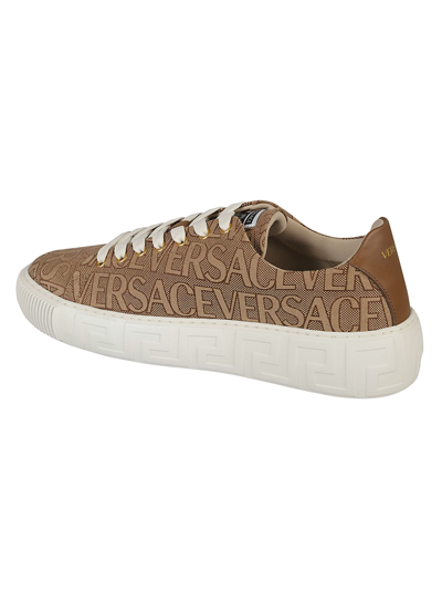 Shop Versace Fabric Low-top Sneakers In Beige/brown