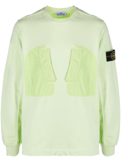 Shop Stone Island Crewneck Sweatshirt In Cotton Fleece With Nylon Canvas Details In Green